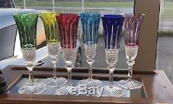 6 flûtes à champagne en cristal de St Louis modèle Tommy colorées H20,8 Cm