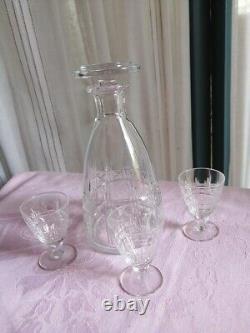 CARAFE ET 3 VERRES A LIQUEUR ou PORTO SAINT LOUIS CRISTAL Signé TBE