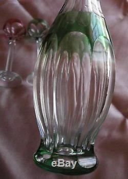 Carafe & 4 verre à liqueur cristal overlay vert & rubis / blanc Saint Louis