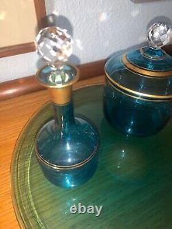 Carafe boite plateau cristal bleu turquoise XIXe Baccart St Louis