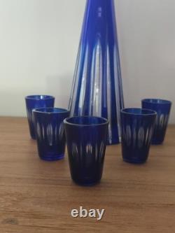 Carafe cristal taillé St Louis verres liqueur bleu cobalt Baccarat