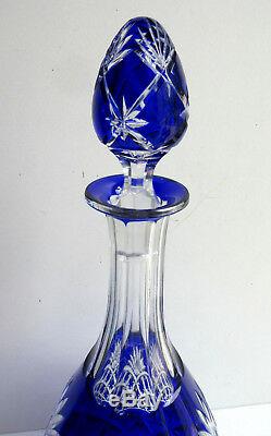 Carafe piriforme cristal bicolore taillé, bleu cobalt et blanc Saint LOUIS