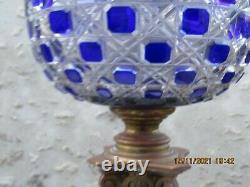 Exceptionnelle Lampe A Petrole Toupie Cristal Baccarat Ou St Louis Bleu H 1.06m