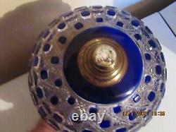 Exceptionnelle Lampe A Petrole Toupie Cristal Baccarat Ou St Louis Bleu H 1.06m