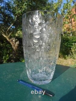 Grand vase cristal gravé décor floral art déco DLG Baccarat Saint Louis Lalique