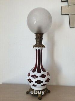 Grande lampe à pétrole en cristal Overlay antique victorien Saint Louis 1890