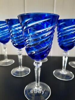 Lot De 6 Verres A Vin Blanc En Cristal Bleu Cobalt Style Saint Louis Baccarat