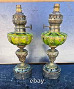 Paire Lampes Petrole Cristal Saint Louis Bronze Lamp Oil Crystal Glass 19th