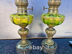 Paire Lampes Petrole Cristal Saint Louis Bronze Lamp Oil Crystal Glass 19th