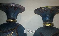 Paire de vases Cristal Saint Louis 1890 Décor De Fleur Mauves Sur Fond Bleu