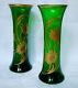 Paire De Vases En Cristal De Saint Louis Vert Sapin, Décor Floral à L'or Fin