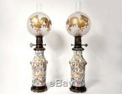 Paire lampes pétrole porcelaine Canton boule cristal Saint-Louis bronze 19è