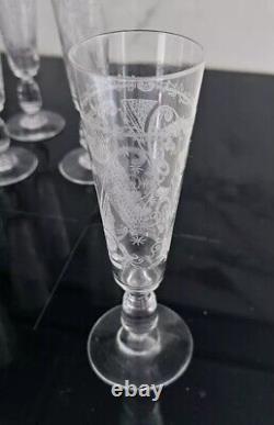 Rare Serie De 8 Flutes A Champagne En Cristal Gravé Xixéme Baccarat Ou St Louis
