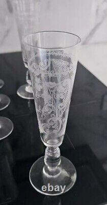 Rare Serie De 8 Flutes A Champagne En Cristal Gravé Xixéme Baccarat Ou St Louis