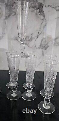 Rare Serie De 8 Flutes A Champagne En Cristal Gravé Xixéme Baccarat Ou St Louis