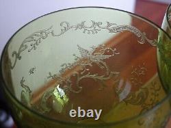 SAINT LOUIS 2 ANCIENS VERRES VIN ROEMER CRISTAL GRAVURE VERT CHARTREUSE 17,8 cm