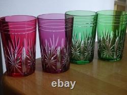 SAINT LOUIS 4 ANCIENS VERRES A THE GOBELET CRISTAL OVERLAY DOUBLER COLORER 9 cm