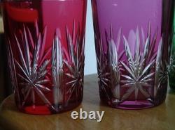 SAINT LOUIS 4 ANCIENS VERRES A THE GOBELET CRISTAL OVERLAY DOUBLER COLORER 9 cm