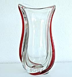 SAINT-LOUIS Grand Vase en Cristal à Filets Rouge (34cm) Signé