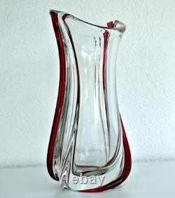 SAINT-LOUIS Grand Vase en Cristal à Filets Rouge (34cm) Signé