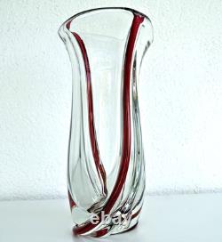 SAINT-LOUIS Grand Vase en Cristal à Filets Rouge (34cm) Signé