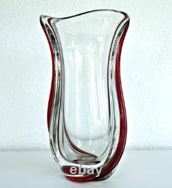 SAINT-LOUIS Grand Vase en Cristal à Filets Rouge (34cm) Signé