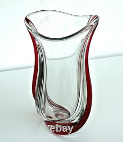 SAINT-LOUIS Grand Vase en Cristal à Filets Rouge (34cm) Signé