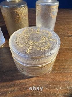 SAINT-LOUIS Lot 3 Flacons toilette + Poudrière CRISTAL givré doré Louis XVI