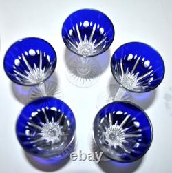 SAINT-LOUIS Lot 5 Verres liqueur NELLY cristal doublé bleu cobalt Roemer OVERLAY