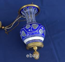 SAINT-LOUIS Rare Suspension Veilleuse Cristal Overlay Triplé et Bronze ca 1860