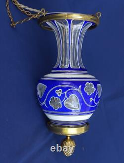 SAINT-LOUIS Rare Suspension Veilleuse Cristal Overlay Triplé et Bronze ca 1860
