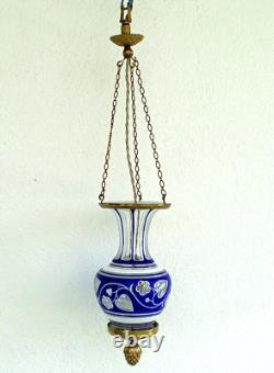 SAINT-LOUIS Rare Suspension Veilleuse Cristal Overlay Triplé et Bronze ca 1860