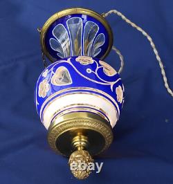 SAINT-LOUIS Rare Suspension Veilleuse Cristal Overlay Triplé et Bronze ca 1860