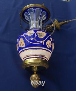 SAINT-LOUIS Rare Suspension Veilleuse Cristal Overlay Triplé et Bronze ca 1860