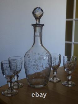 Saint Louis Ancien Service Liqueur Cristal Gravure Florale Art Nouveau