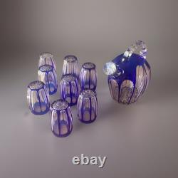 Saint Louis Service A Liqueur 8 Verres En Cristal Taillé Overlay Bleu Art Déco