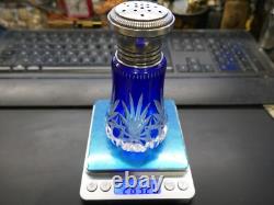 Saupoudreuse saint Louis 19ème cristal bleu taillé, argent Minerve, H 135mm, P263g