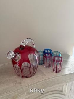 Service à liqueur cristal Saint-Louis carafe et verres overlay coloré Vosges