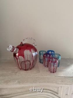 Service à liqueur cristal Saint-Louis carafe et verres overlay coloré Vosges