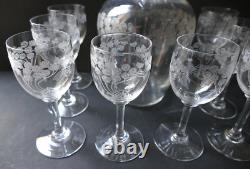 Service liqueur Art Nouveau Carafe 8 verres cristal gravé Baccarat St Louis