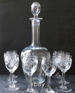 Service liqueur Art Nouveau Carafe 8 verres cristal gravé Baccarat St Louis