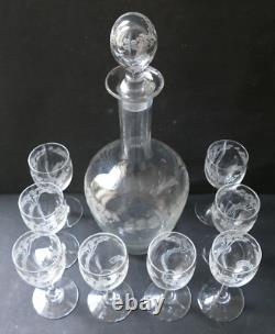 Service liqueur Art Nouveau Carafe 8 verres cristal gravé Baccarat St Louis