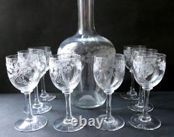 Service liqueur Art Nouveau Carafe 8 verres cristal gravé Baccarat St Louis