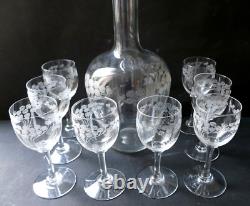 Service liqueur Art Nouveau Carafe 8 verres cristal gravé Baccarat St Louis