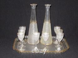 Service liqueur cristal givré SAINT LOUIS 8 verres 2 carafes et le plateau