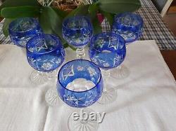 Six verres à pieds de coulleur bleu en cristal taillé St Louis avant 1930