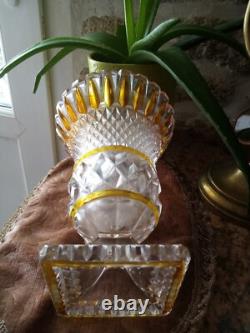 Somptueux Rare Vase Medicis Cristal Taillé Bohème St Louis Inclusions Jaune Or