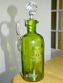 St Louis Ancienne Carafe A Liqueur Cristal Vert Gravure Art Nouveau Nenuphars