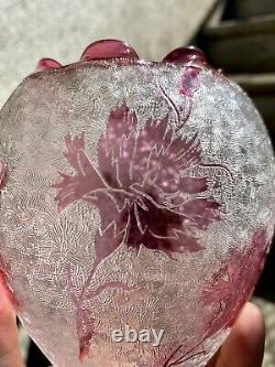 Superbe Globe Tulipe Cristal Givre Degage A L'acide St Louis Motif Oeillets 1900